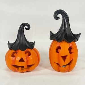 Pumpkin Jack-O-Lantern Set 2pc Orange Black Light Up Witch Hat Decor